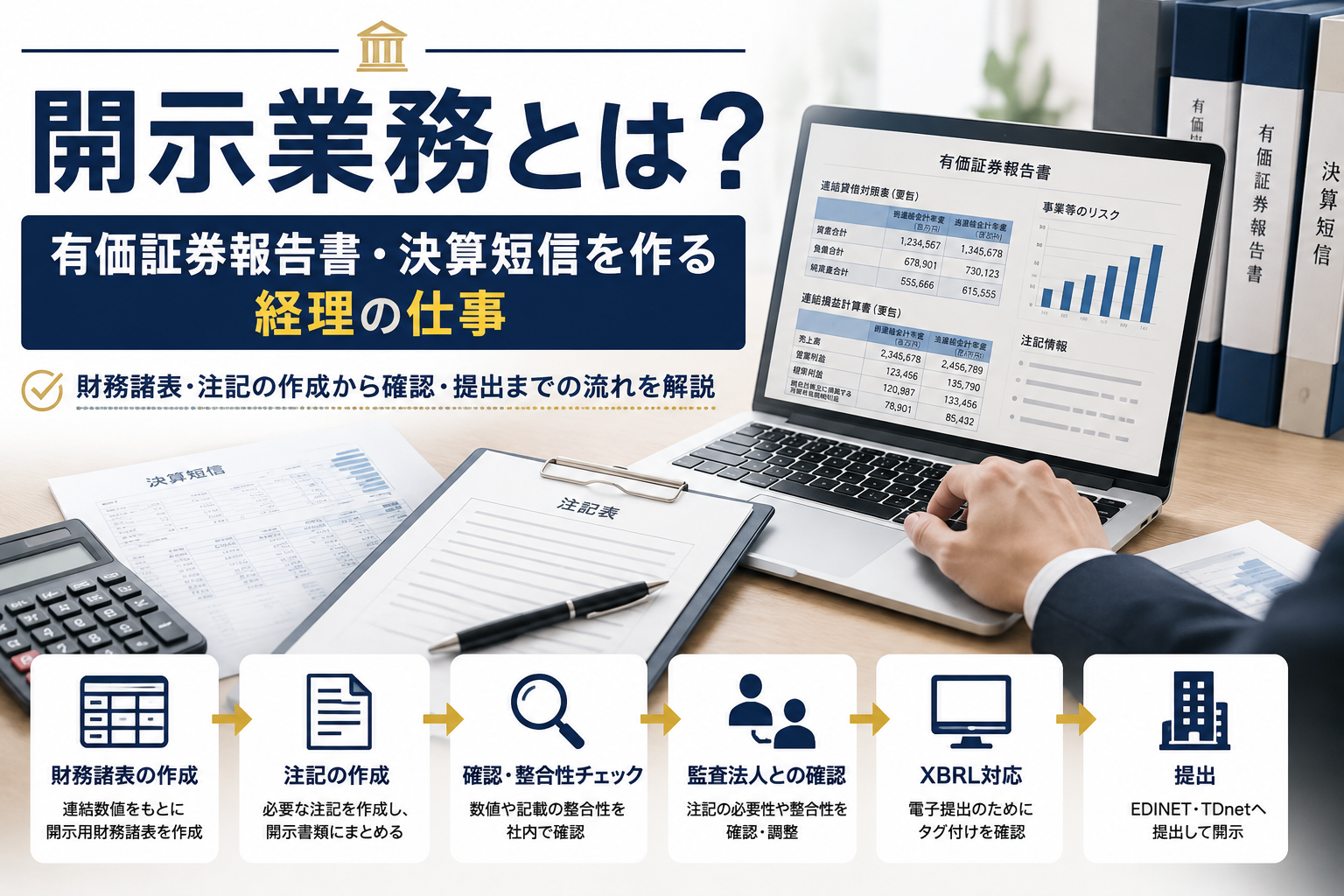 開示業務で財務諸表や注記を作成し、確認・XBRL対応を経て開示する流れのイメージ